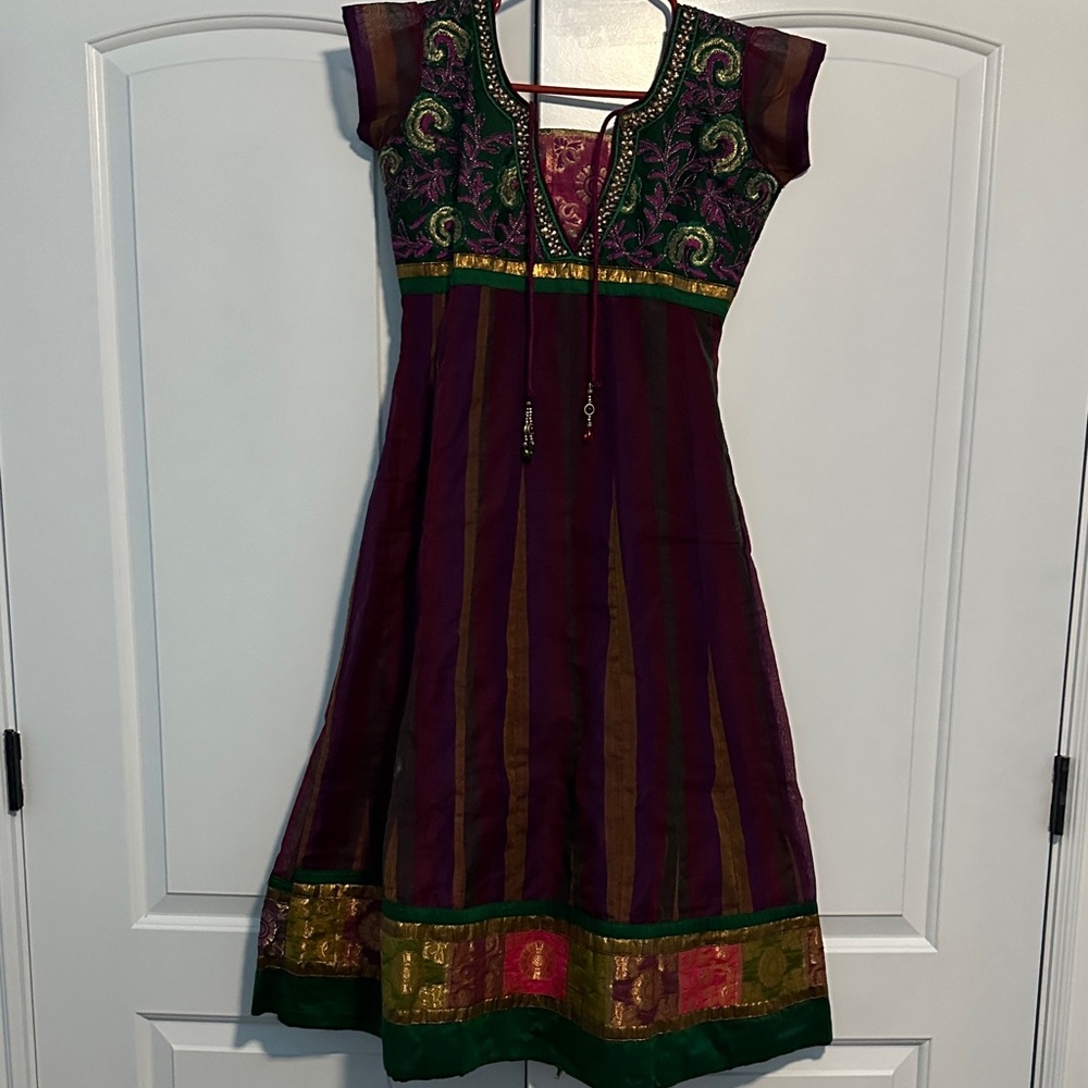 Embroidered Indian Purple and Gold chudidaar with pant and dupatta
